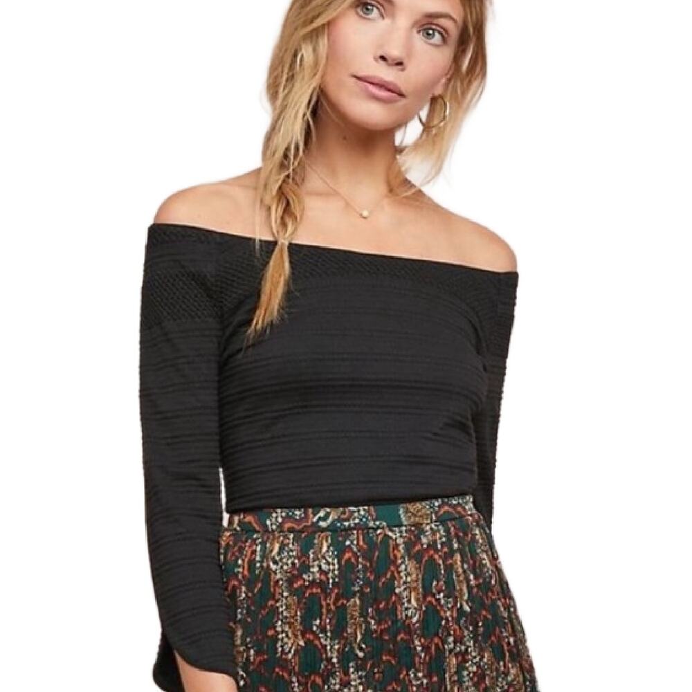 Anthropologie Meadow Rue Black 3/4 Sleeve Textured Off the Shoulder Top Small